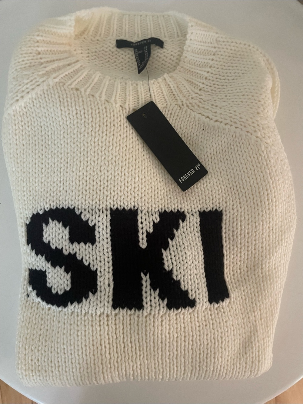 Forever 21 NWT White Crewneck Sweater with Black 'SKI' Graphic